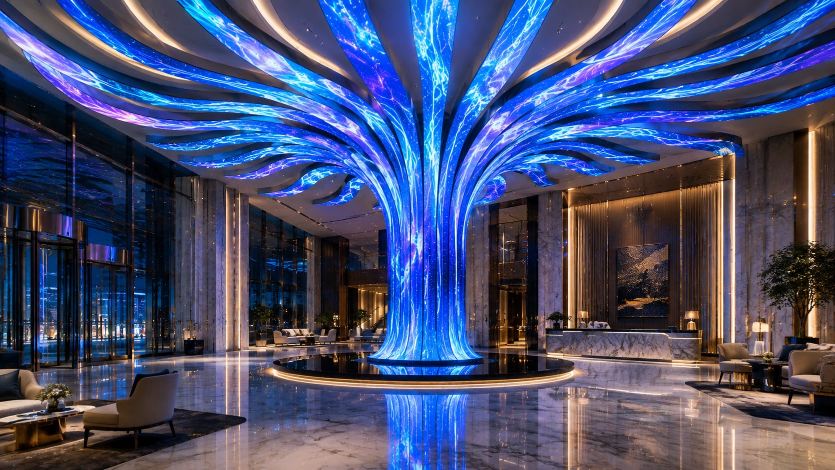 LED installation — lobby with illuminated tree sculpture
